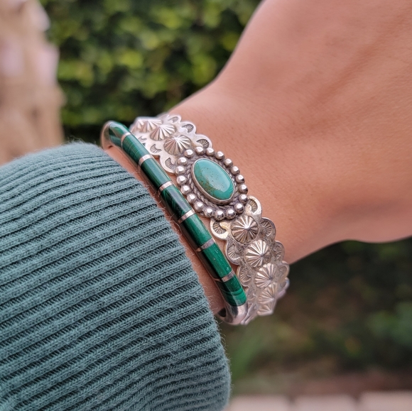 Vintage Jewelry - Sterling Silver Malachite Cuff Bracelet